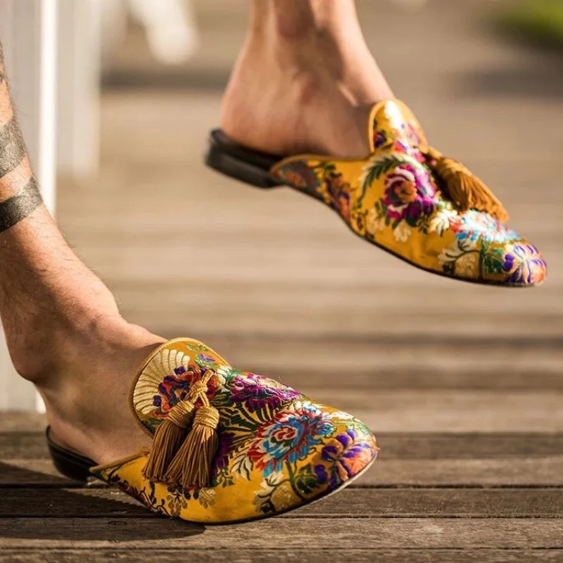 New Loafers for Men Yellow Floral Tassels Round Toe Men Dress Shoes Party Men Shoes Size 38-48
