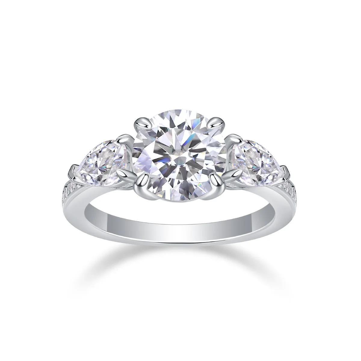 

D Color VVS1 Moissanite Ring, 2 Carat Main Stone 3-Stone Style, Pear Side Stones High Sparkle, Luxury Daily Wear Ring
