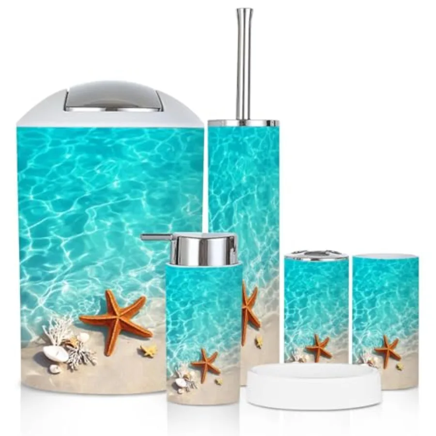 

Bathroom Accessory Set 6 Piece Starfish Seashell Summer Beach sea Water Summer Toothbrush Holder, Toothbrush Cup, Soap Dispense