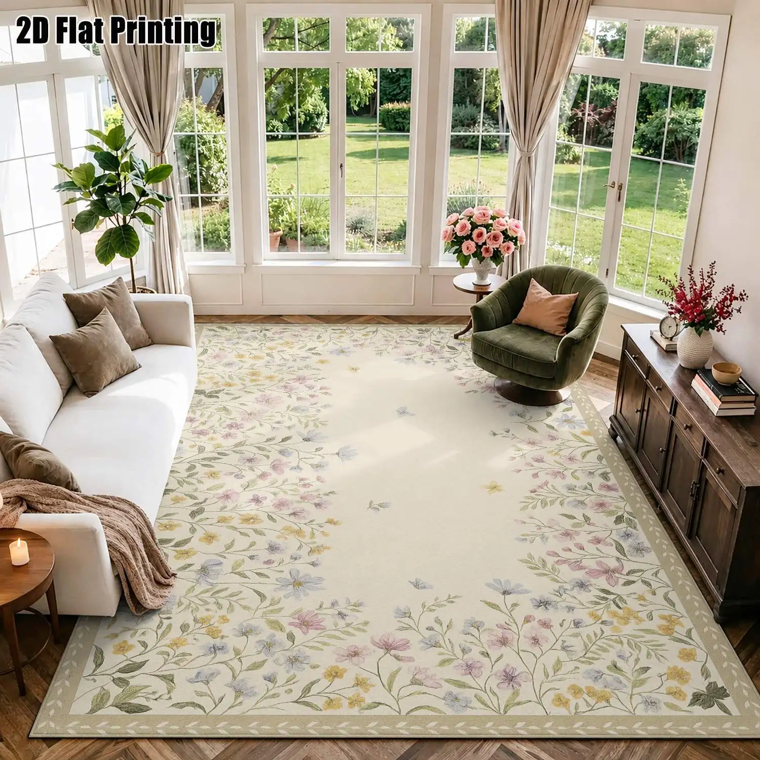 1Pc 2D Printed Carpet: Light Beige Base Pink Floral Patterns, European/Retro/Geometric Striped/Bohemian Style, Multi-Size Home Decor Rug for Living Room Bedroom Dining Room Entryway Study, Machine Washable
