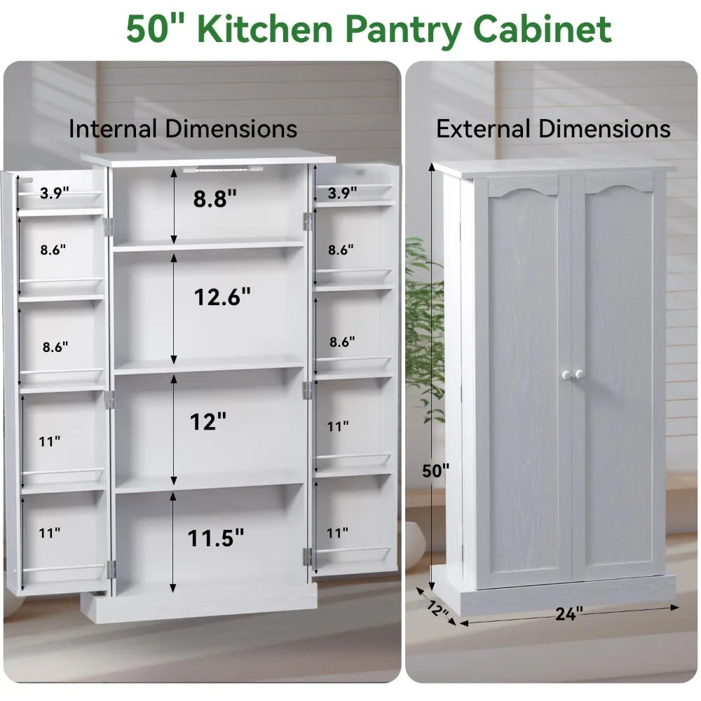 50" White LED Kitchen Pantry Cabinet,Freestanding Food Storage Cabinet with Doors&Adjustable Shelves,Custom