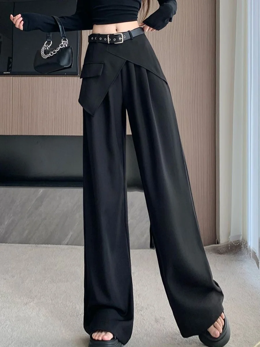 High Waist Wide Leg Pants Women's Casual Straight Cut Loose Fit Draped Floor Length Trousers Asymmetrical Design Autumn New A...
