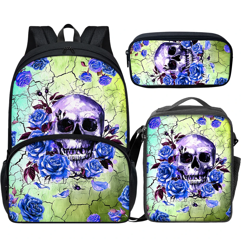 Sugar Skull with Rose Print Fashion Teenager Boys Girls Backpacks Gradient Crack Large Capacity Zipper Travel Computer Bags New