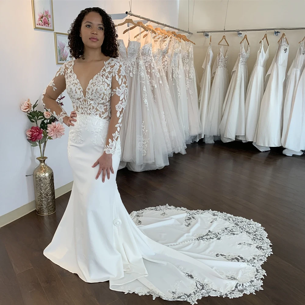 Boho Customized V-neck Mermaid Wedding Dresses Long Sleeves Appliques Sweep Train Bridal Gown Lace Backless Vestido de novia