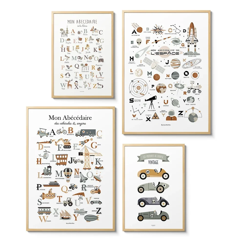 Alphabet Space Planet Universe  Rocket Transportation Cars Nordic Poster Wall Art Canvas Painting Baby Room Decor Print Pictu