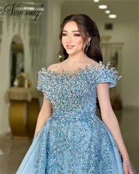 Blue Beaded Evening Dresses Saudi Arabia Crystals Pearls Wedding Party Dress Long Train Birthday Cocktail Dress Robes Customized