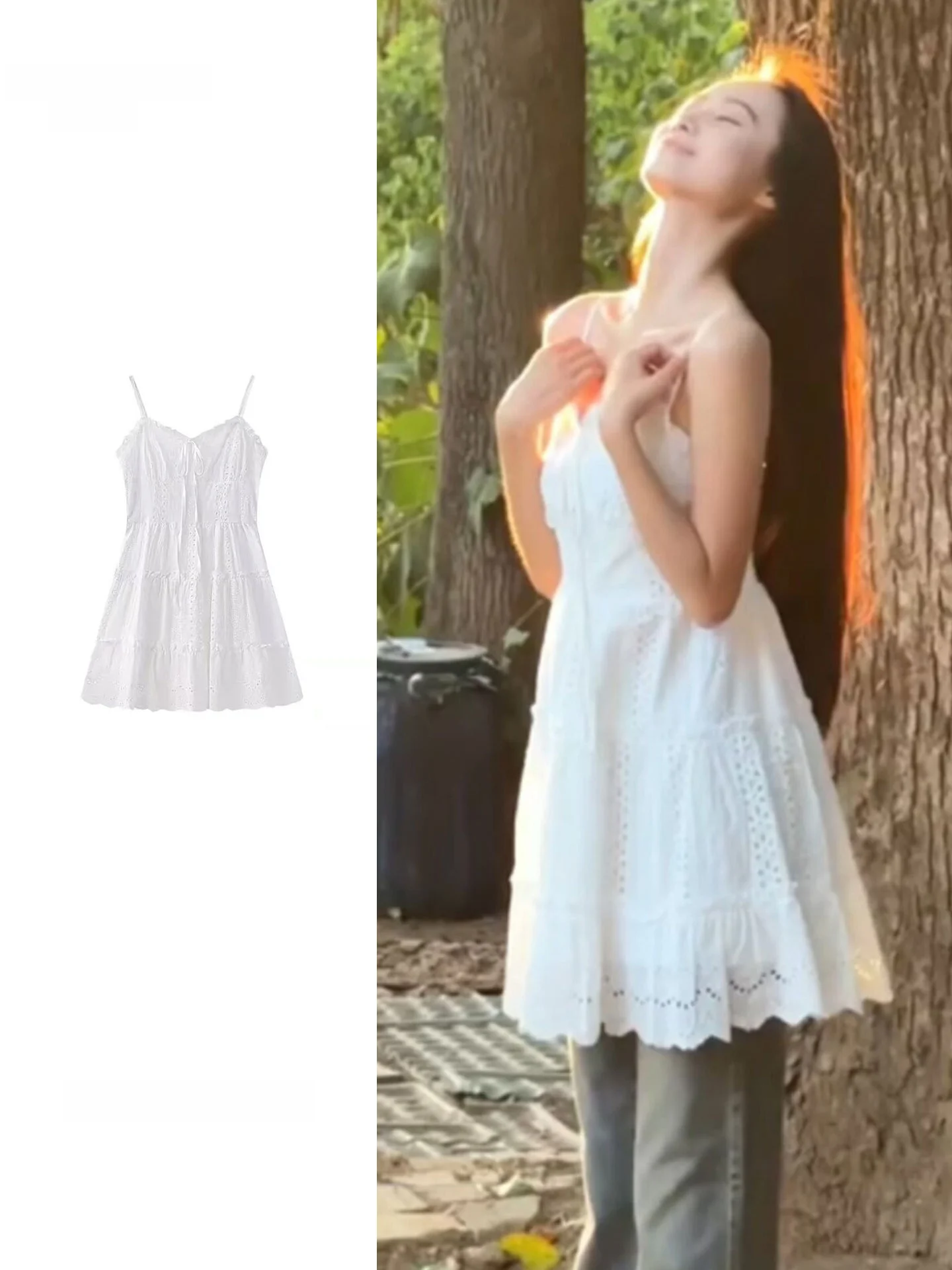 Korean Style A-Line Dress Lace Trim Camisole Summer Versatile White Floral Embroidery Dress Casual Wear Non-Elastic Skirt