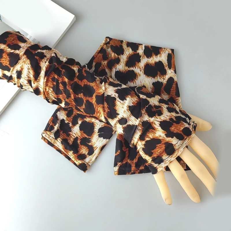 Women Fashion Leopard Print Long Gloves Stretchy Arm Covers Spring Summer Outdoor Sunproof Cycling Arm Sleeves for Daily Wear