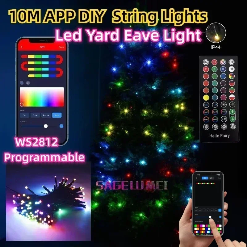 Led quintal beiral luz 10m/100led inteligente bluetooth app remoto sincronização de música 5v usb para ao ar livre diy pátio cerca lâmpada decoração natal