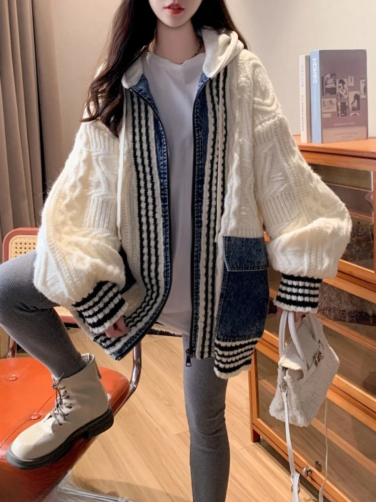 Coréen Sle coupe ample Denim Patchwork tricot Cardigan vêtements d'extérieur pour femmes Thiened faux deux pièces motif de jupe ouverte Faion Kn...