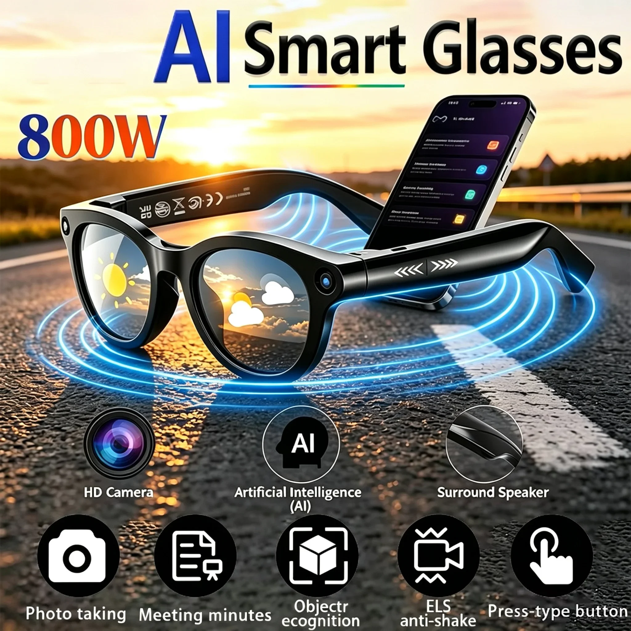 Óculos de Motocicleta Inteligentes com IA, Câmera HD de 800W, à Prova d'Água, Bluetooth, Função de Foto, Vídeo, Chamada de Voz e Tradução