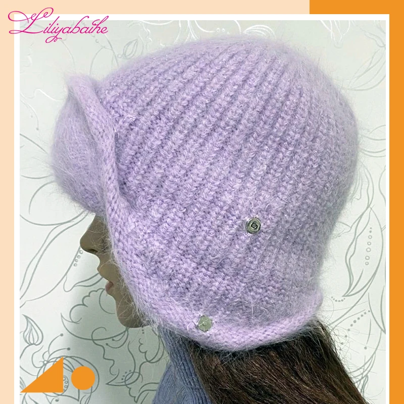 LILIYABAIHE  NEW winter Women ear protection hat knitted wool angora Simple and stylish Metal snap button.