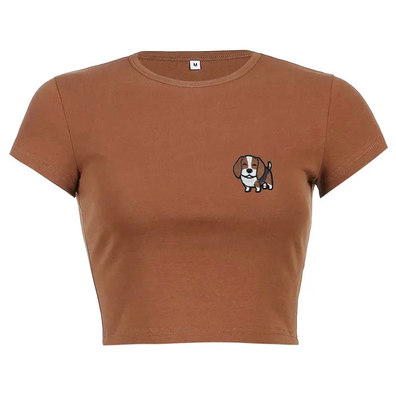 Camiseta bordada de cachorro Y2k para mujer, camisetas ajustadas con gráficos, moda coreana, Harajuku Street, camisetas cortas hermosas de manga corta en verano