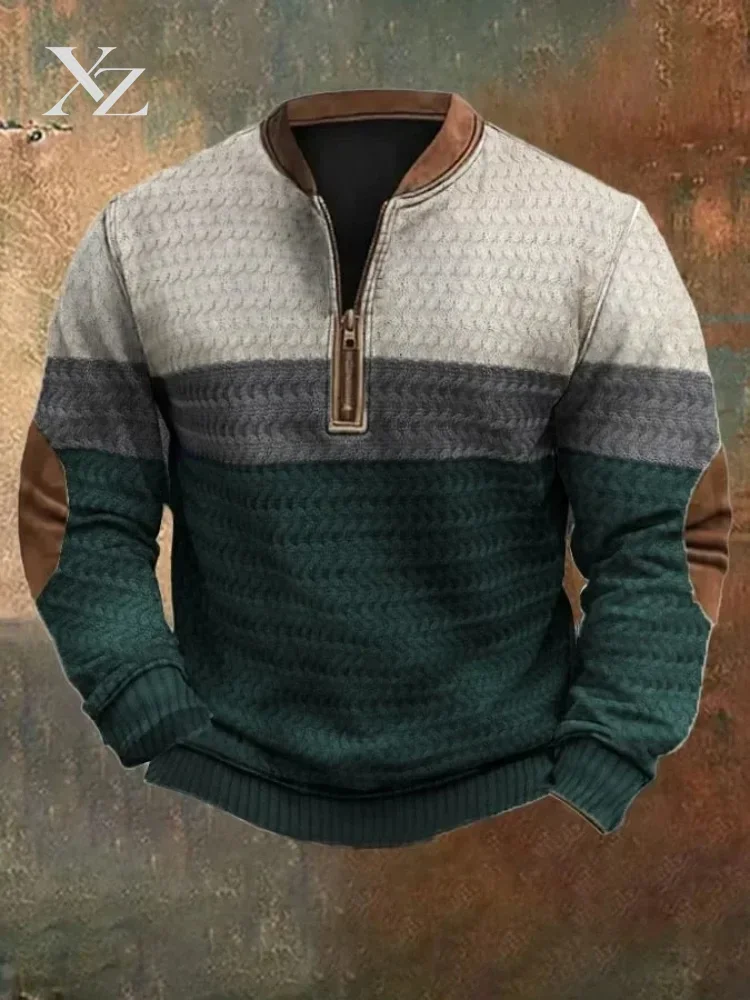 Men's Retro 3D Printed Colorblock Sweatshirt Autumn 2026 New Long Sleeve Zip Pullover Top