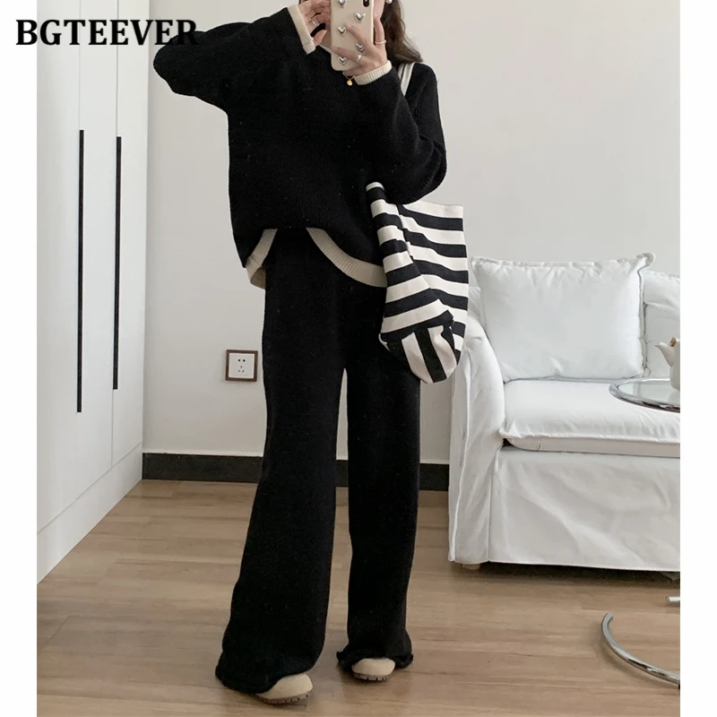 BGTEEVER Casual Warm Loose Female Knitted Outfits O-neck Long Sleeve Pullovers Sweaters & Wide Leg Pants Ladies 2 Pieces Set