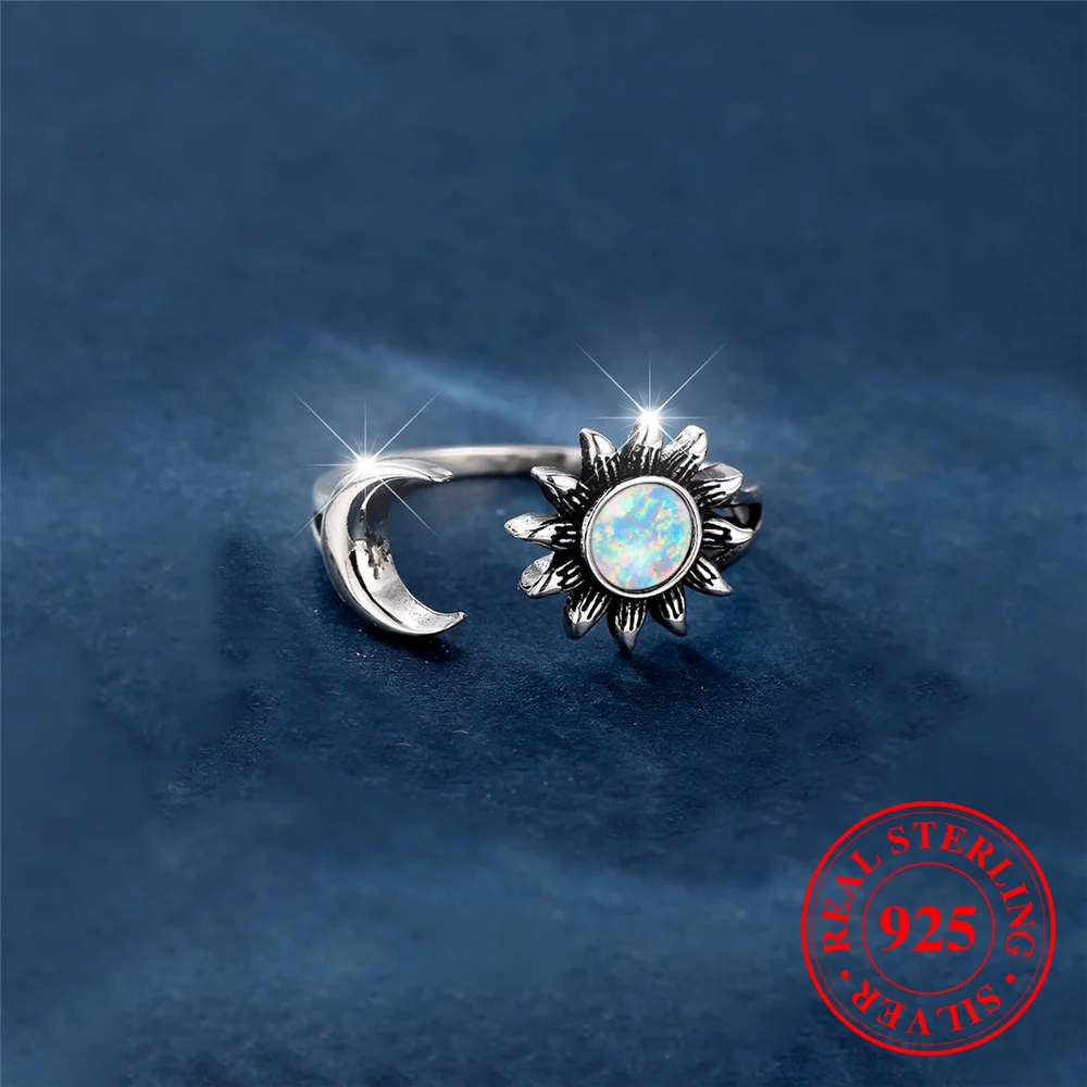 Carino femminile naturale bianco fuoco opale pietra girasole luna anello Vintage reale 925 gioielli da sposa in argento Sterling aperto per le donne