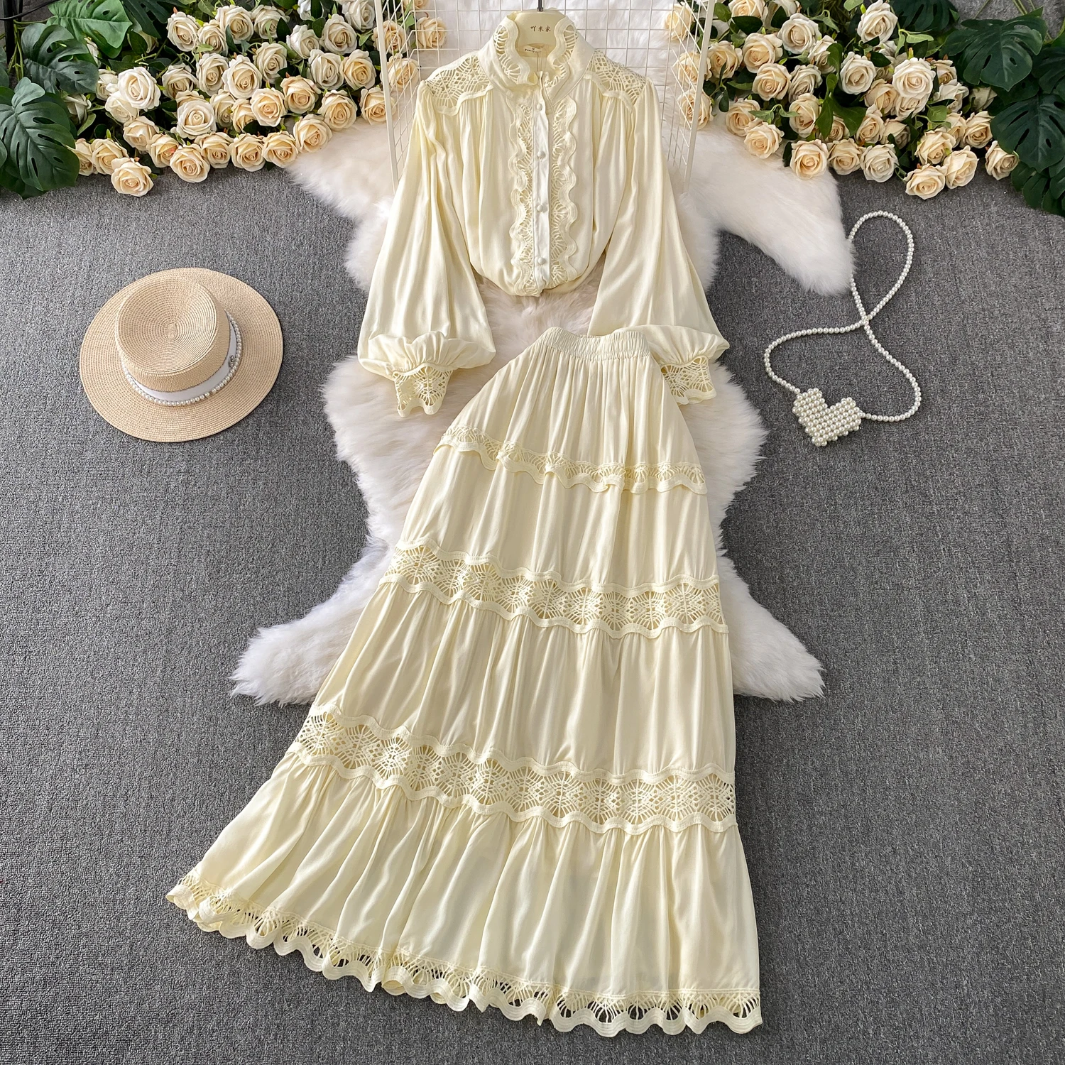 

Summer Lace Skirt Two-piece Set Stand Up Collar Single Breasted Lantern Sleeves Cake Skirts Suit Women American Hollowed Out set