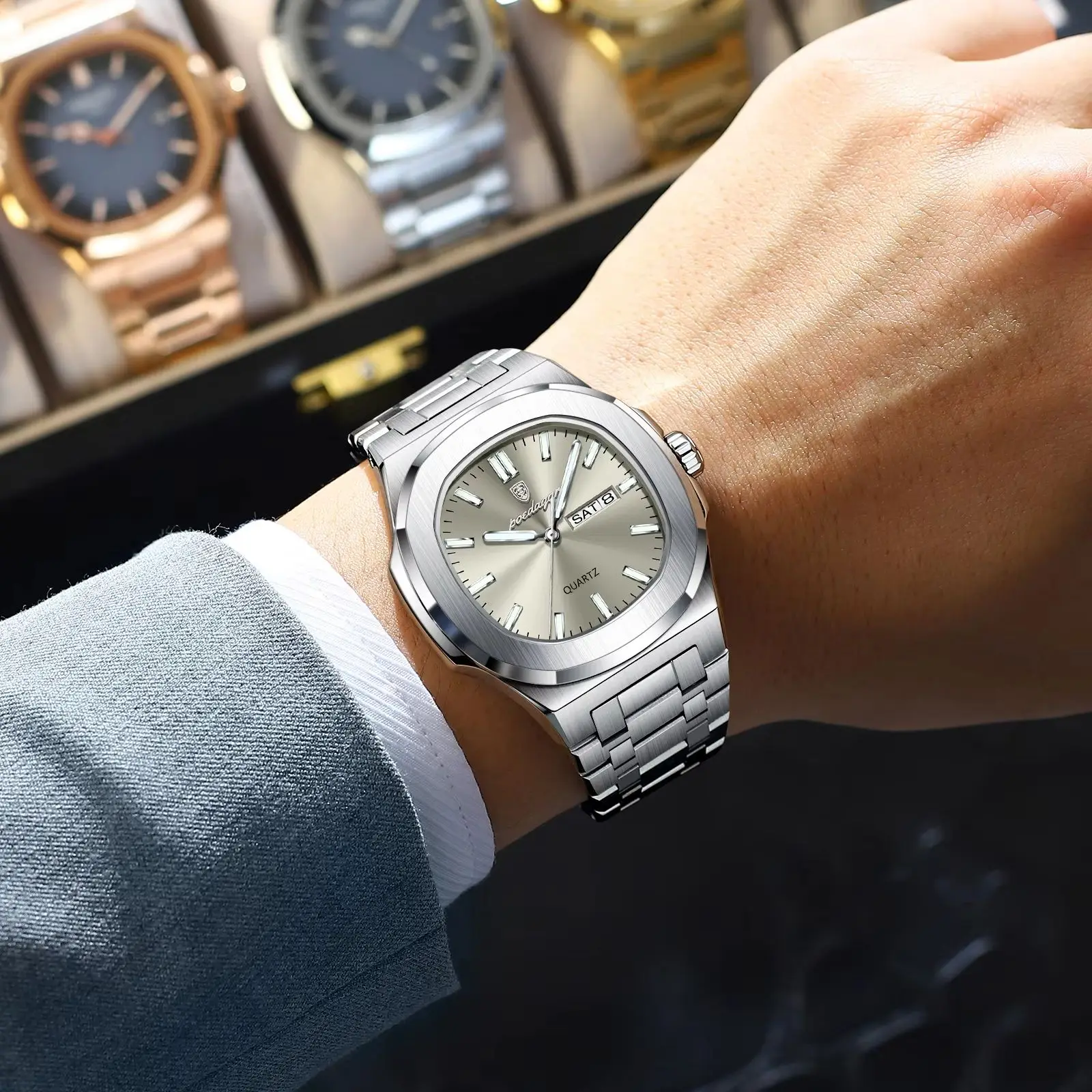 POEDAGAR الأصلي أزياء الرجال الساعات للماء مضيئة تاريخ الأسبوع الرجال ووتش الفولاذ المقاوم للصدأ الأعمال الفاخرة كوارتز رجل ووتش