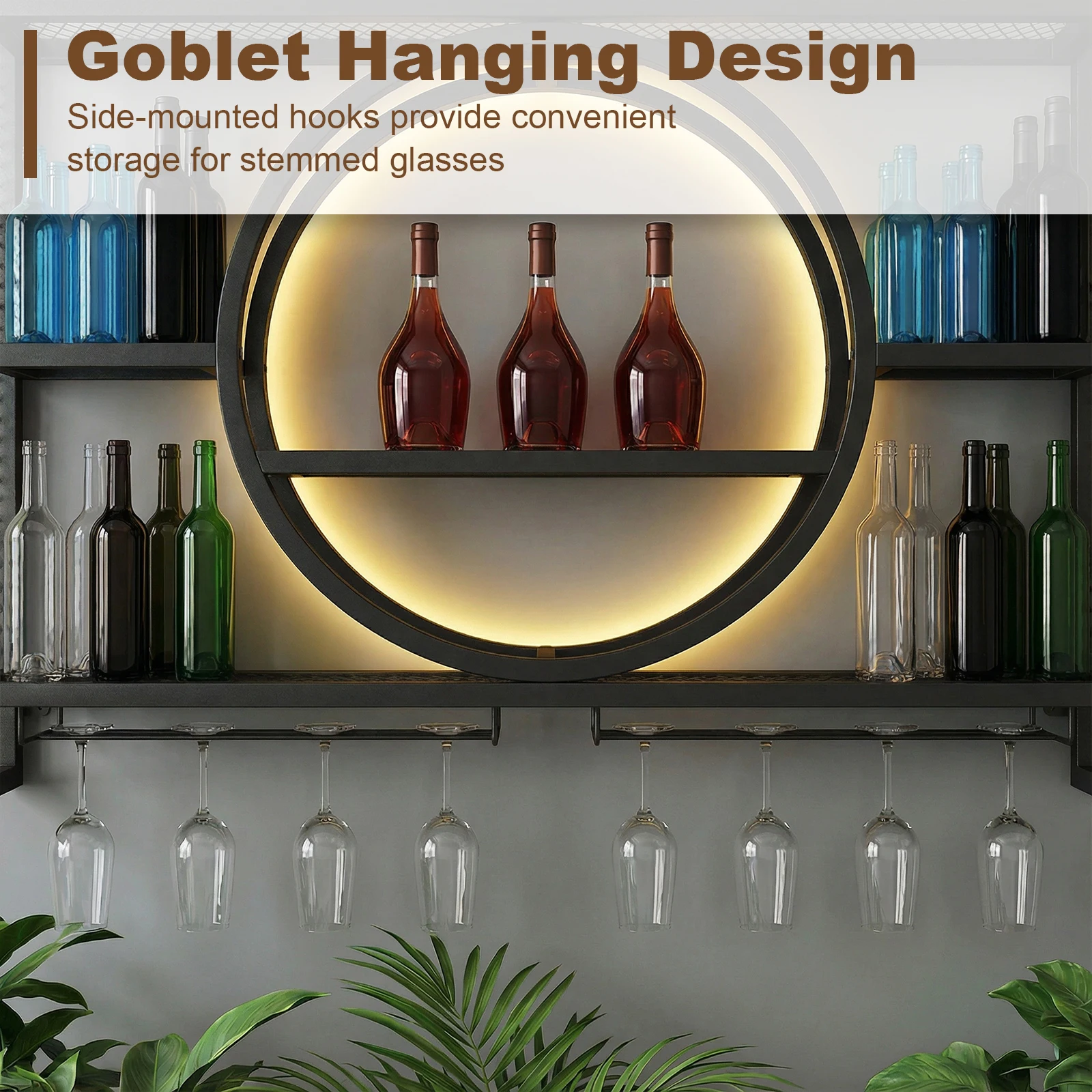 Spirituosenflaschen Barregal Metall-Weinregal Wandmontiert 3-stufig mit LED-Beleuchtung und Weinglashalter für Hausbar Esszimmer