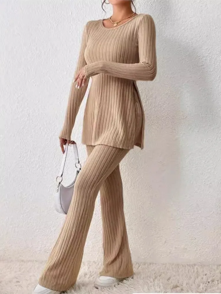 Fall Winter Knitted 2 Piece Suits Women Long Sleeve Ribbed Side Slit Long Top And High Waist Pencil Pants Set Fashion Outfit