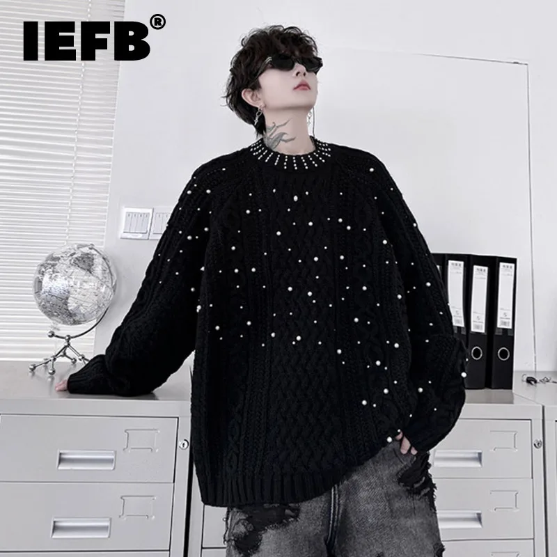 

IEFB New Fashion Men's Sweaters Casual Round Collar Weave Beading Decoration Solid Color Male Pullover Tops Autumn 2024 9C7976