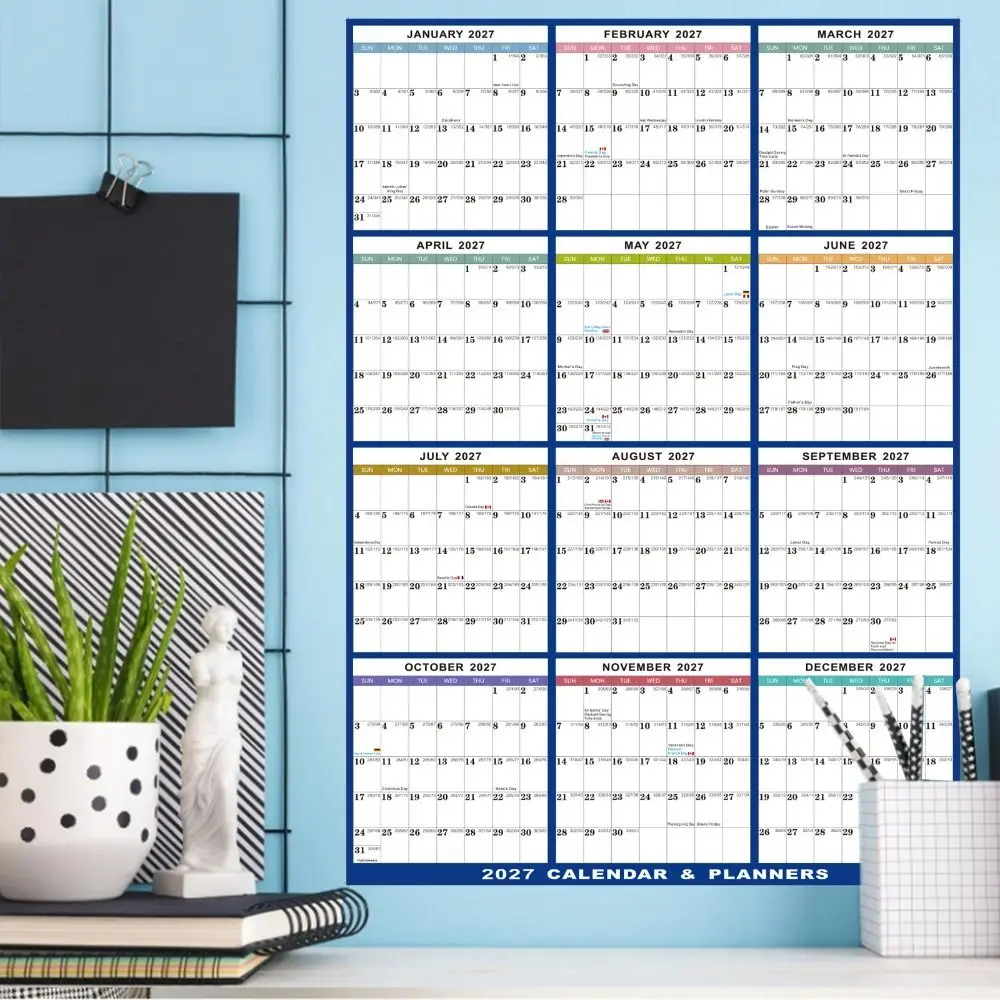 Jan. 2027 - Dec. 2027 Yearly English Planner Calendar Wet & Dry Erasable Double-sided 12 Month Planner Reversible Laminated