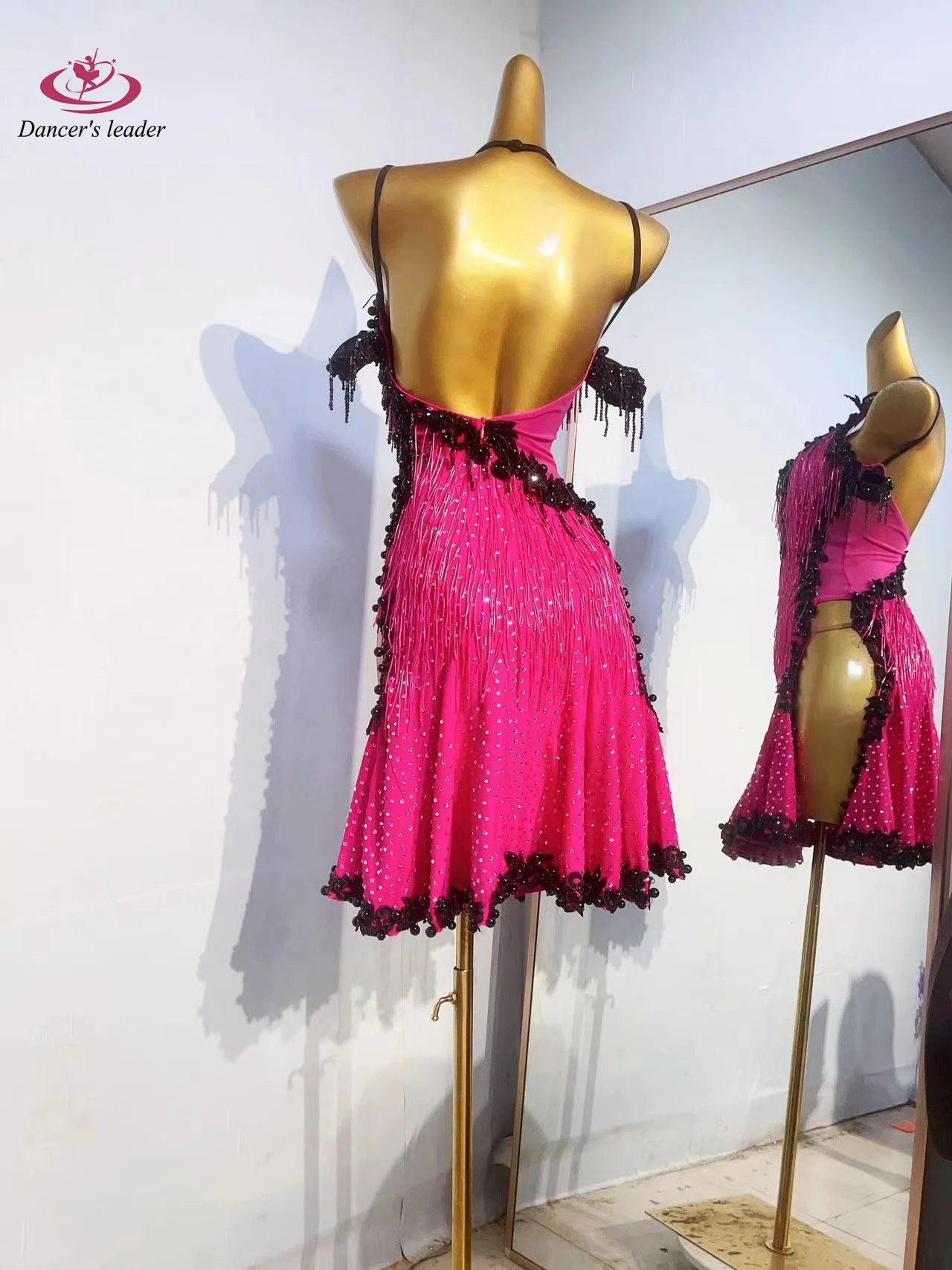 ラテンダンスインターナショナルステージ女性のハイエンドカスタムブラックレースサンバラインストーンパフォーマンスコスチュームドレス