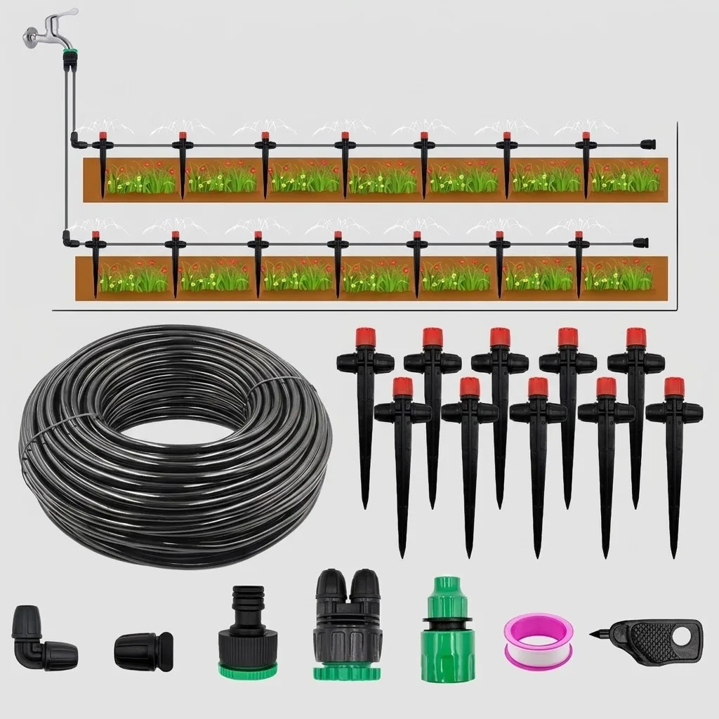 Automatic Drip Irrigation System Kit for Potted Plants Gardens Greenhouses with 1/4 Inch Sprinklers and Spikes for Easy Watering