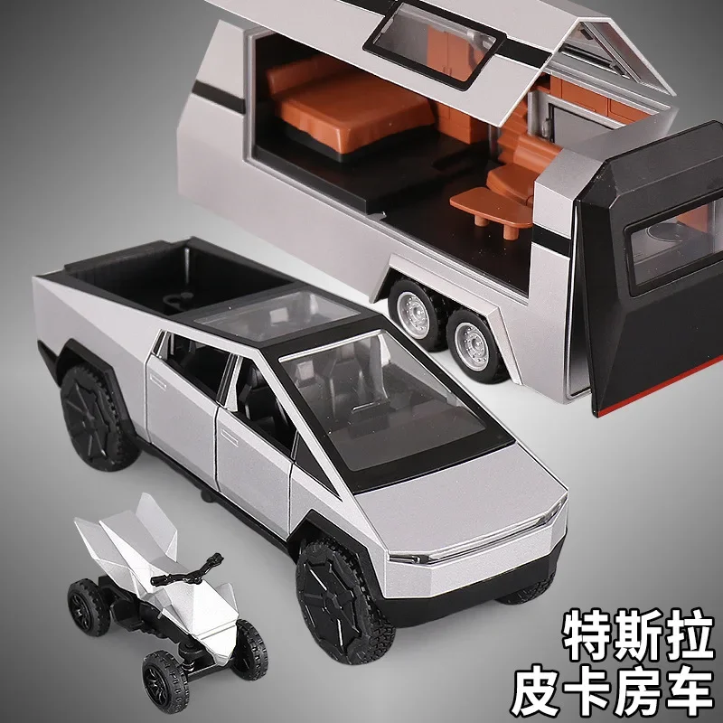 1: 32 Tesla pickup truck trailer RV alloy model, echo sound and light children's toy car model, ornament