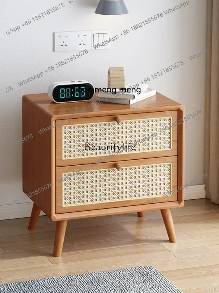 style Rattan bedside table Solid wood Nordic simple silent wind mini wooden locker ss 8617
