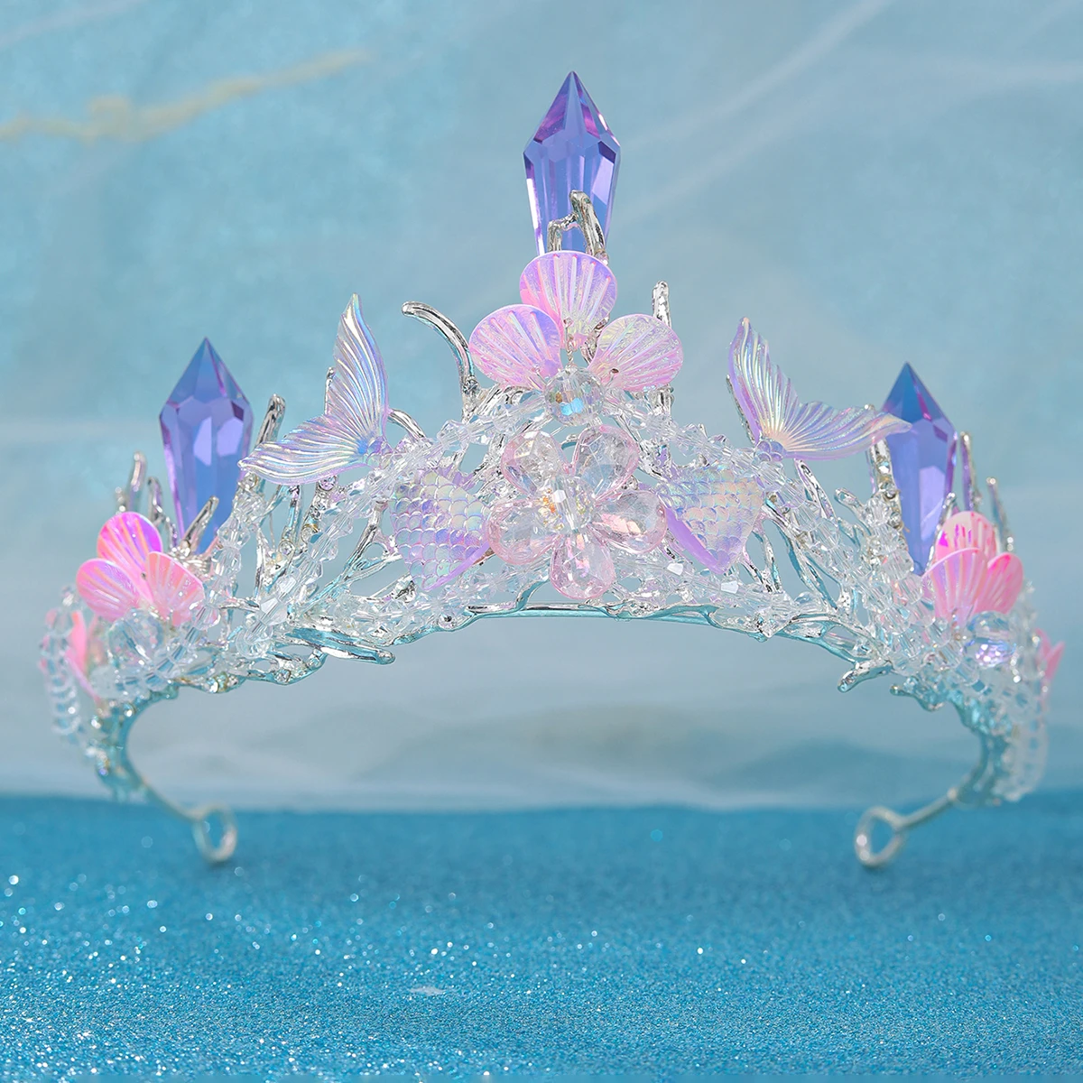 Moda srebrny złoty kolor kryształowa tiara ze strasami i korona gwiazdy ryba ręcznie robiona diadem księżniczki ślubne akcesoria do włosów dla nowożeńców — zdjęcie 4