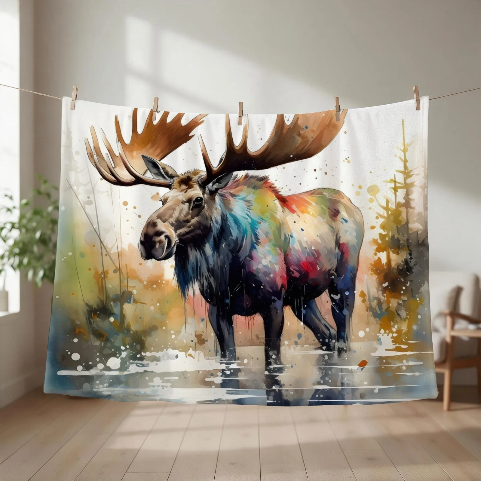 Watercolor Moose Serenity Throw Blanket couch cozy soft plush fuzzy picnic outdoor blanket