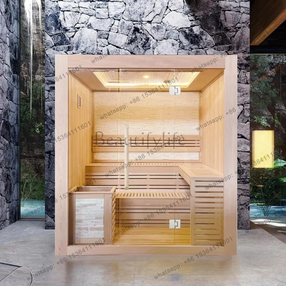 6 Person Hemlock Wood Sauna Room Indoor Steam, Premium Dry Steam Sauna with Toughened Glass & Digital Control