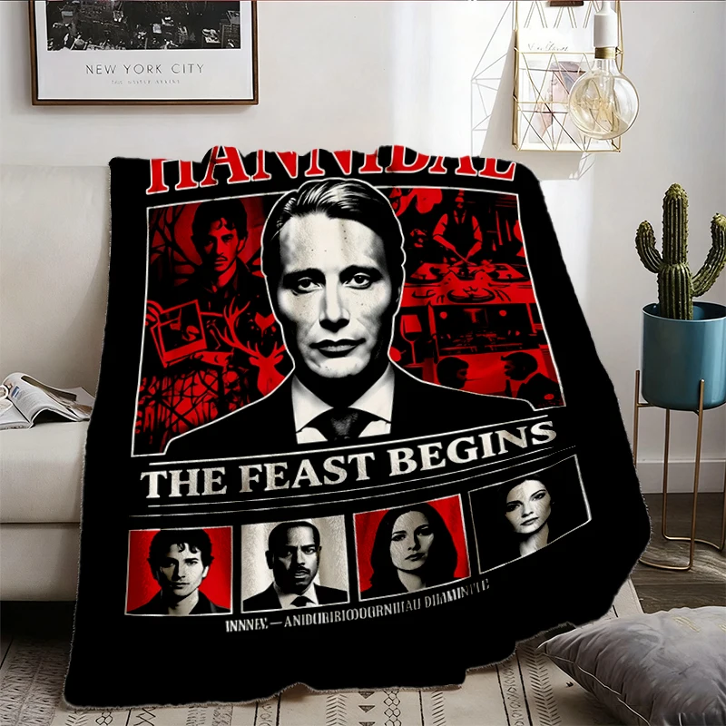 Hannibal 2013 Flannel Blanket, Mads Mikkelsen TV Series Flannel Throw, Psychological Horror Graphic,  1717