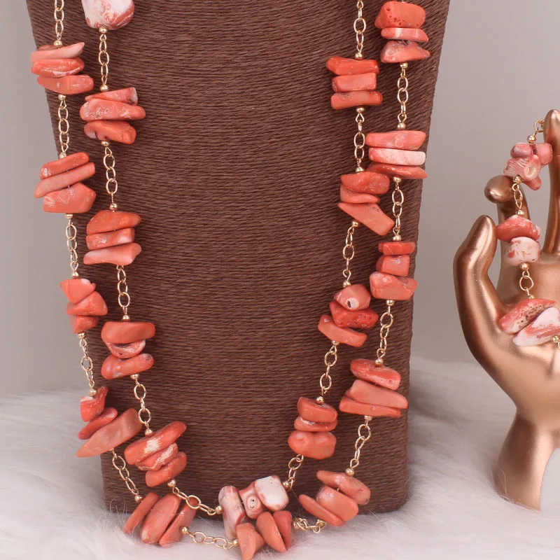 Dudo Orange Long Design African Real Coral beads For Women Nigerian Jewellery Set