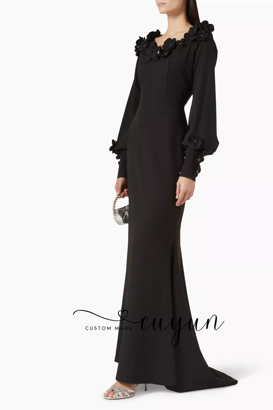 Suknia wieczorowa CUYUN z czarnymi kwiatowymi aplikacjami, długa, z długim rękawem, fason półsyreny, sukienka na przyjęcie, sukienki na wesele dla gości.