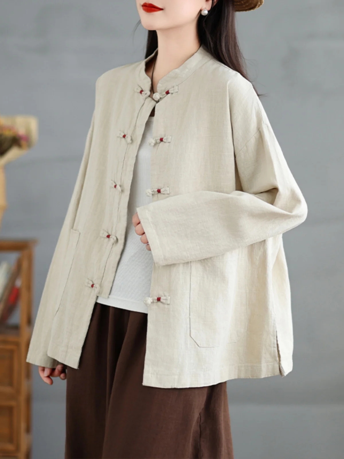 

Женский свободный длинный топ на пуговицах в китайском стиле в стиле ретро, весенне-осенняя верхняя одежда для чайной церемонии