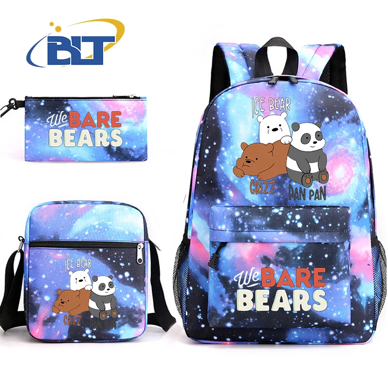 MINISO We Bare Bears-Conjunto de bolso escolar para estudiantes, bolso de hombro para niños, lápiz, mochila, conjunto de tres piezas