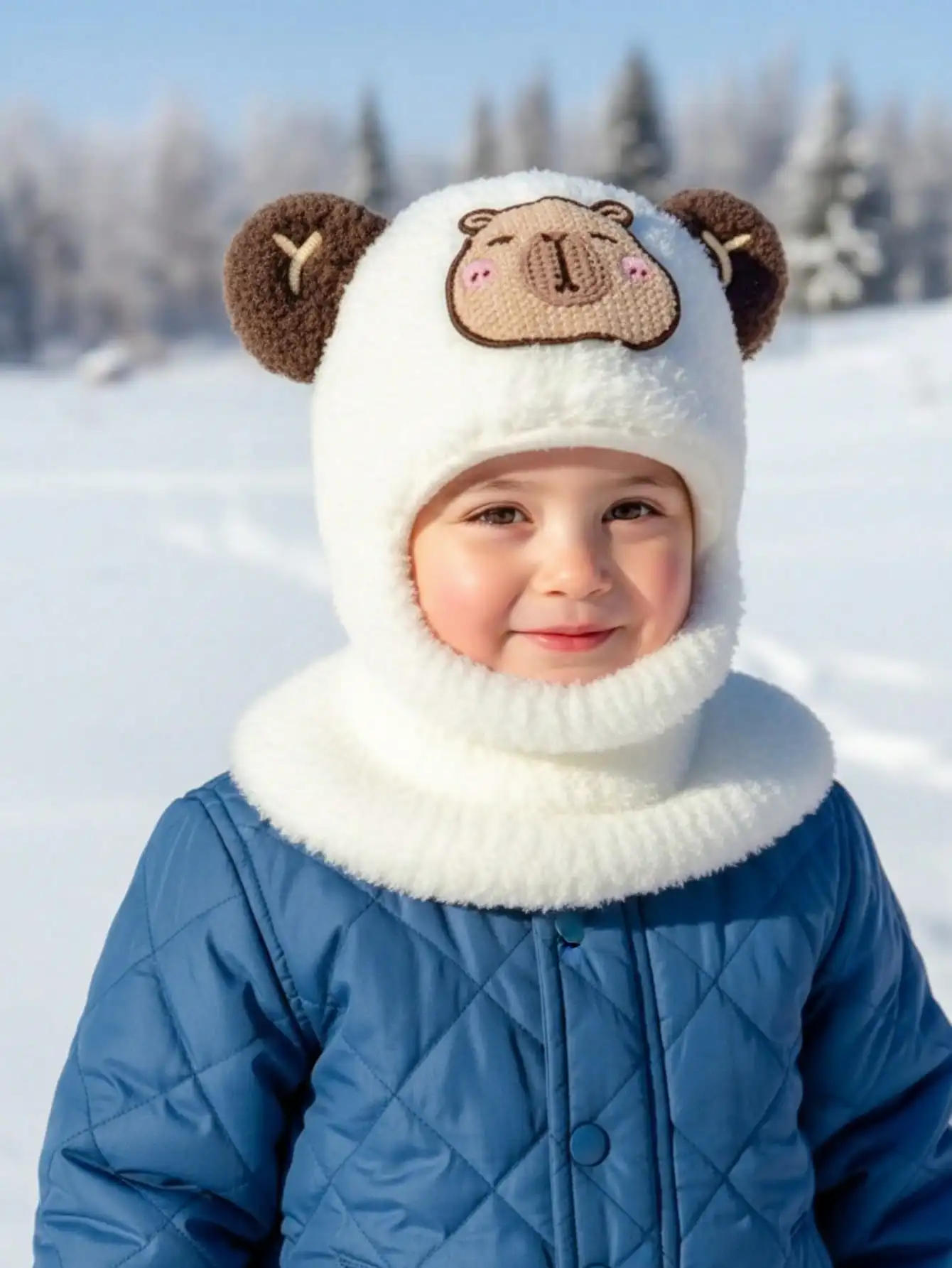 1Pcs Boys 3D Cartoon Knitted Balaclava,Hat‑Scarf Integrated Ear Cover Cap for Kids Daily Stylish Accessory