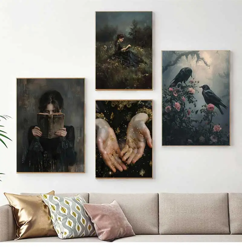Victorian Woman Reading Bookish Swans Crow Poster Moth White Roses Wall Art Canvas Painting Print Dark Academia Home Decoration