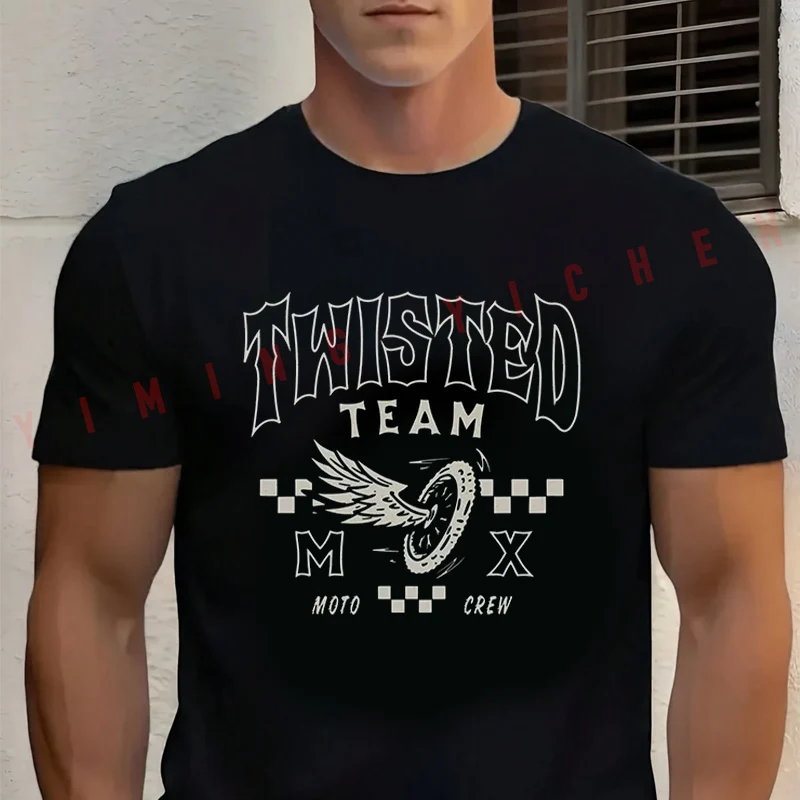 

Twisted Moto With Winged Wheel Design Men's Cotton T Shirt Casual Dress High Quality Round Neck Short Sleeved Tee