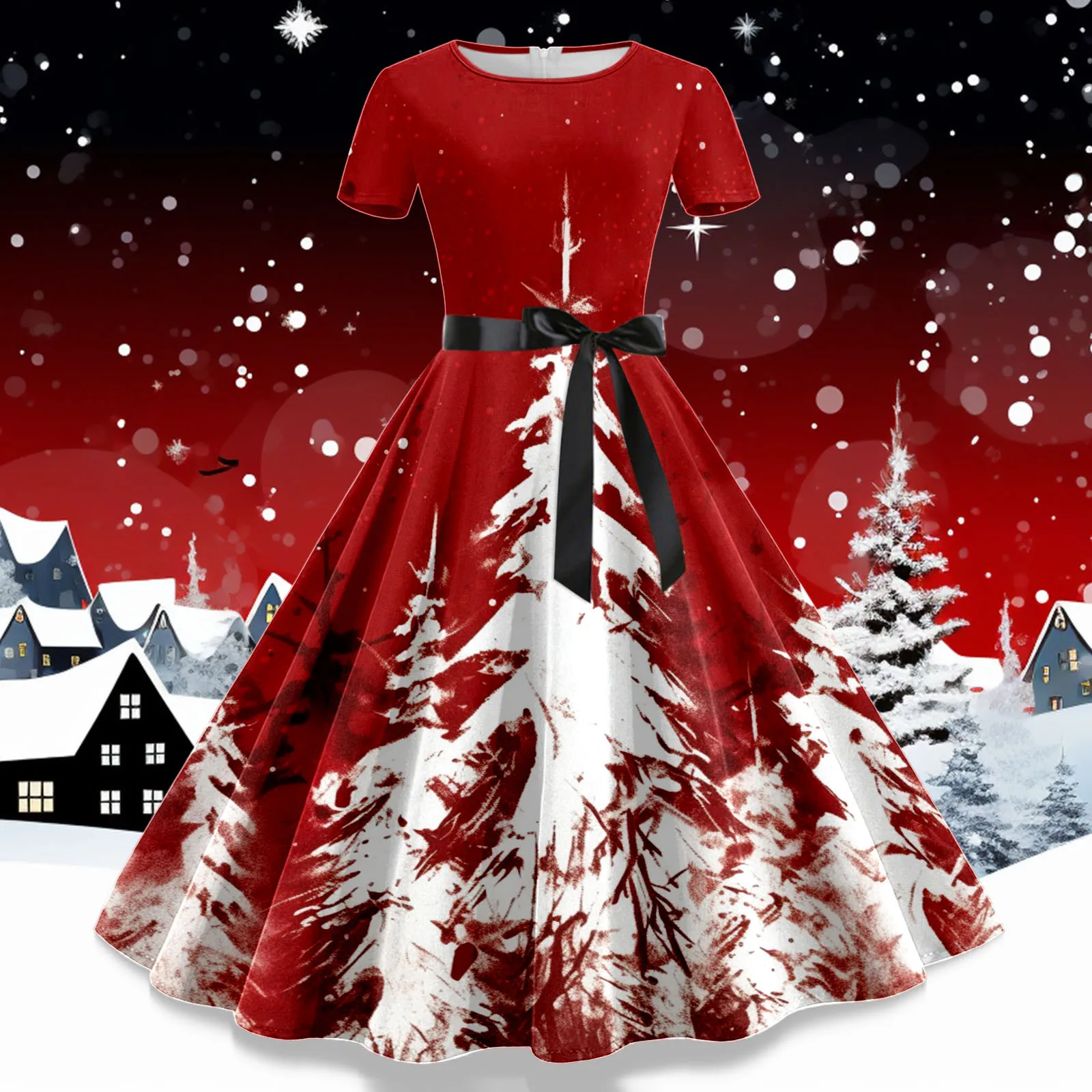 

Fall Dresses For Women 2024 Christmas Tree Snow Elk Printing Short Sleeve V Neck Lace Up Bownot Sundresses Formal Cocktail Dress