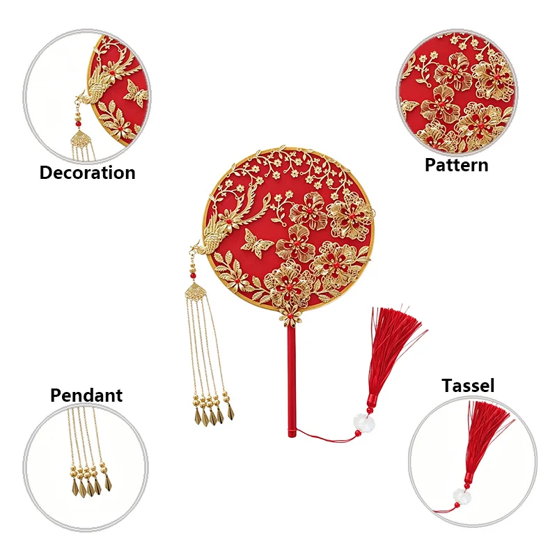 Traditional Chinese Wedding Round Fan Bride Show Costume Handheld Floral Finish Round Fan for Bridal Procession and Ceremonies