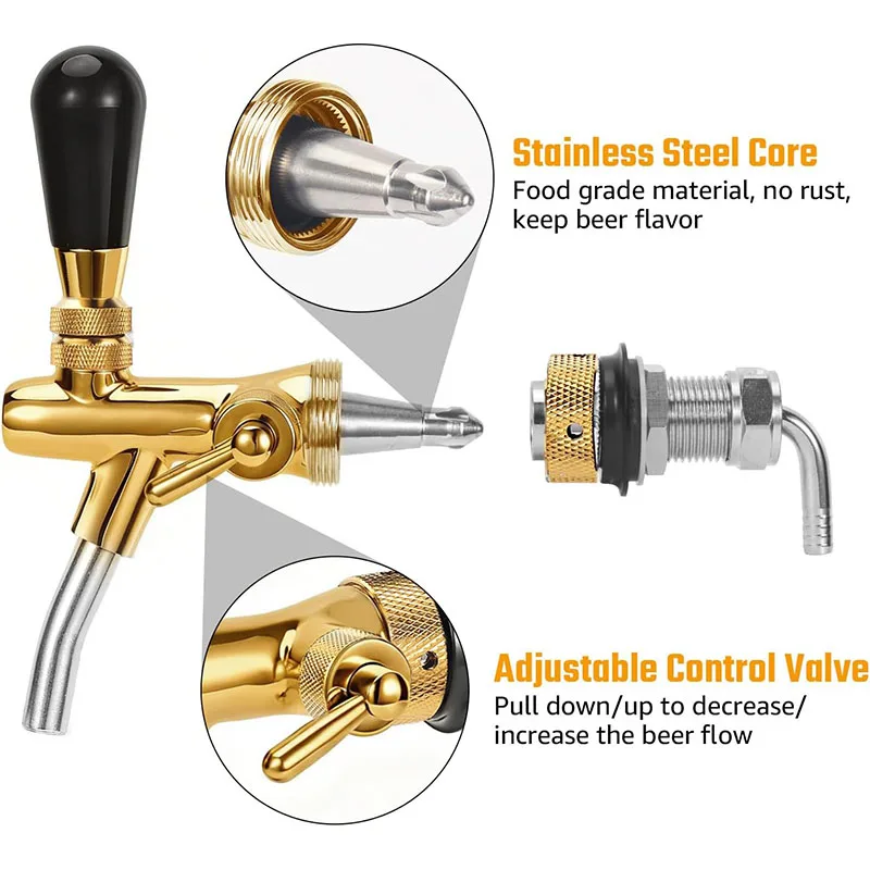 Golden Beer Tap,Adjustable Brew Faucet with Liquid Ball Lock Disconnect Connector,Kegerator Tap Dispenser withFlow Control Valve view 3