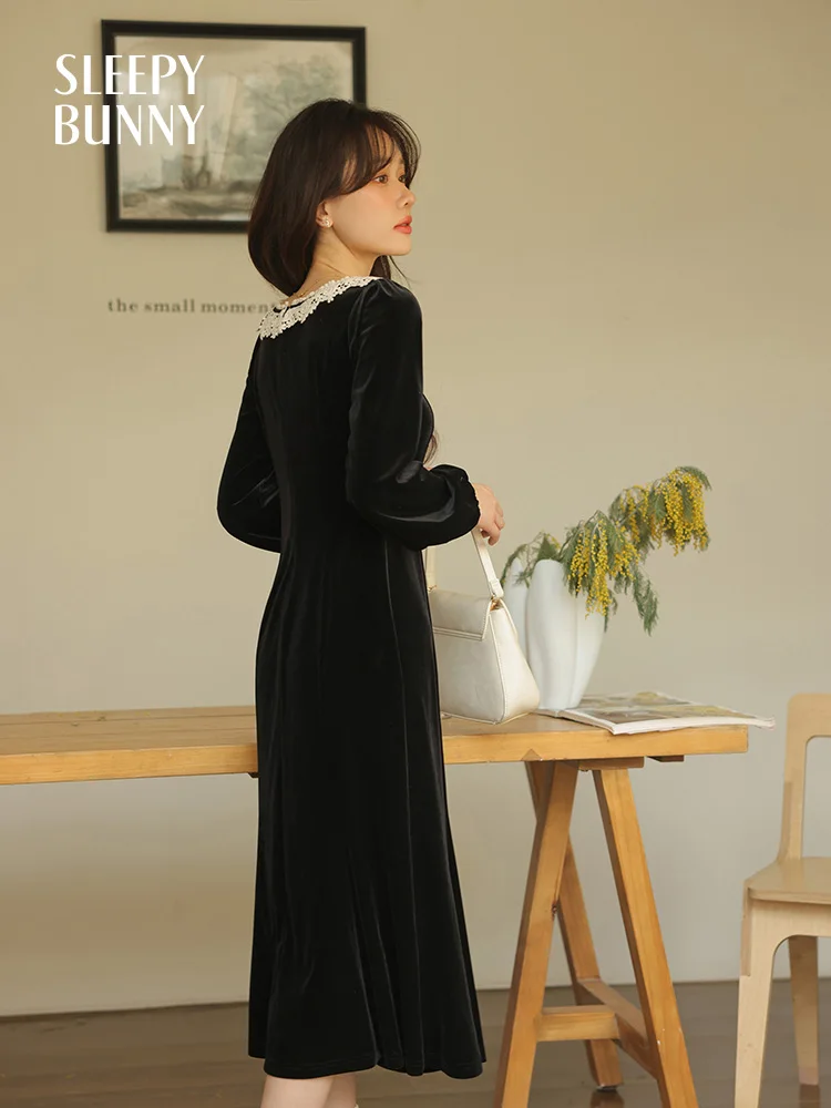 Elegante vestido de veludo francês quadrado pescoço vestido preto sereia maxi outfit com mangas compridas cintura fina roupa de noite para a primavera