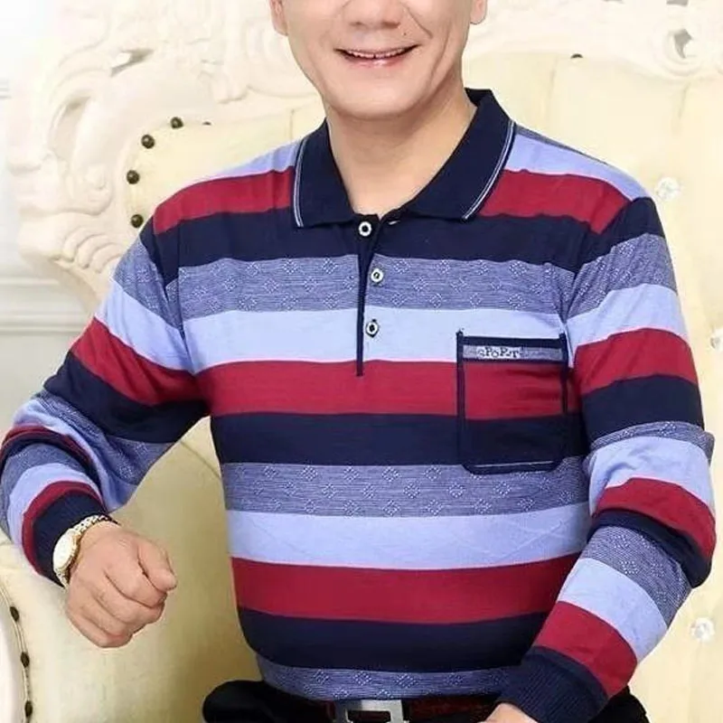 2023 New Spring and Autumn Stripes Casual Contrast Versatile Polo Collar Long Sleeve Simple Grandpa Commuter Style Men's Top image 2