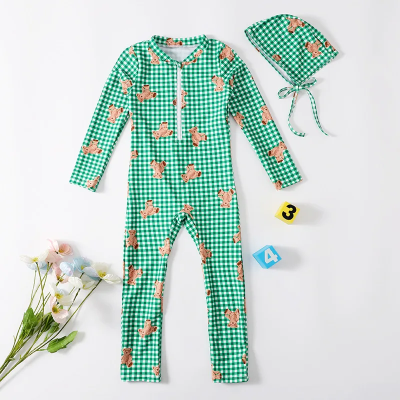Kids Clothes Girls Swimwears Summer Cute Cartoon Bear Plaid Swimsuit with Hat 2023 New Korean Long Sleeve Children\'s Clothing