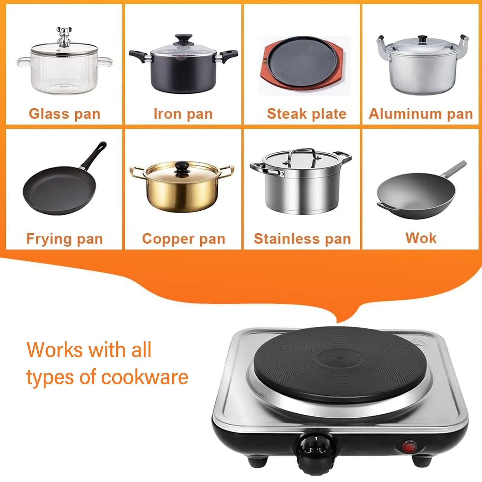 Encimera eléctrica de 1000W, quemador único, Control de temperatura de 5 niveles, placa caliente para cocinar, Base de acero inoxidable