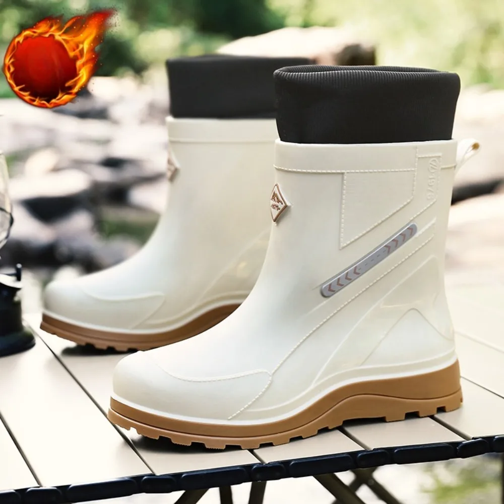 Botas de lluvia de invierno para exteriores, zapatos de goma cálidos de terciopelo antideslizantes especiales para exteriores de tubo medio para hombre, Botas de lluvia para pescar para hombre