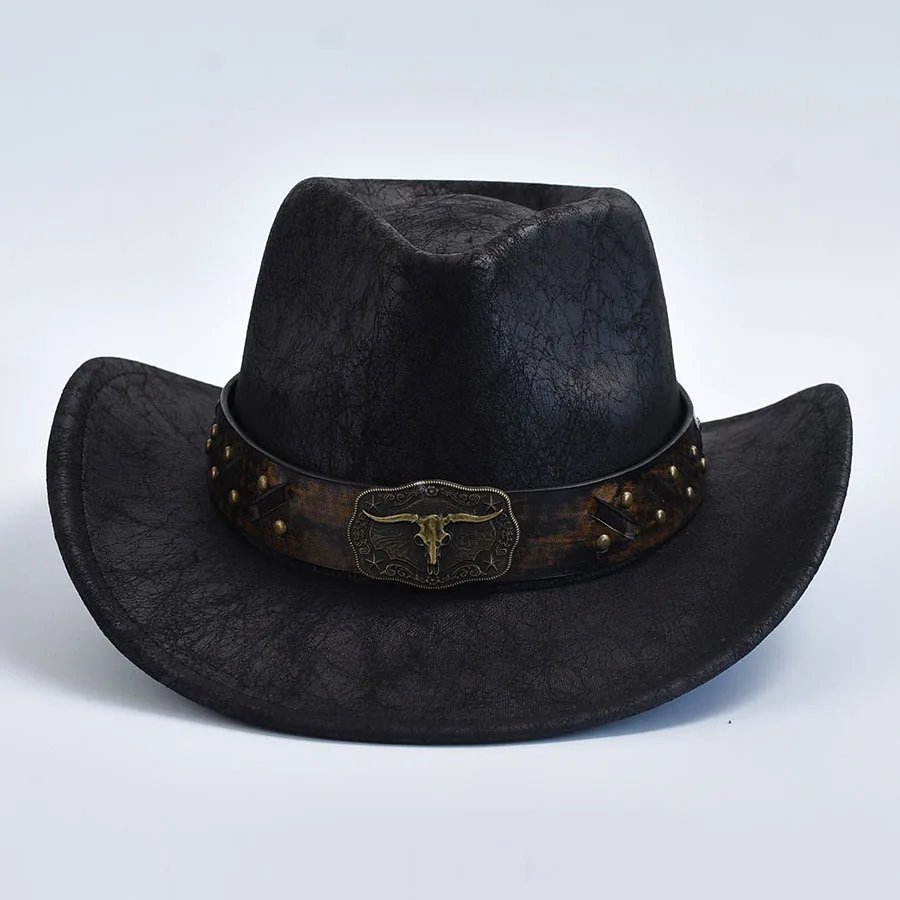 Men Women Western Cowboy Hats Faux Leather Vintage Gentleman Cowgirl Jazz Hats Sombrero Hombre